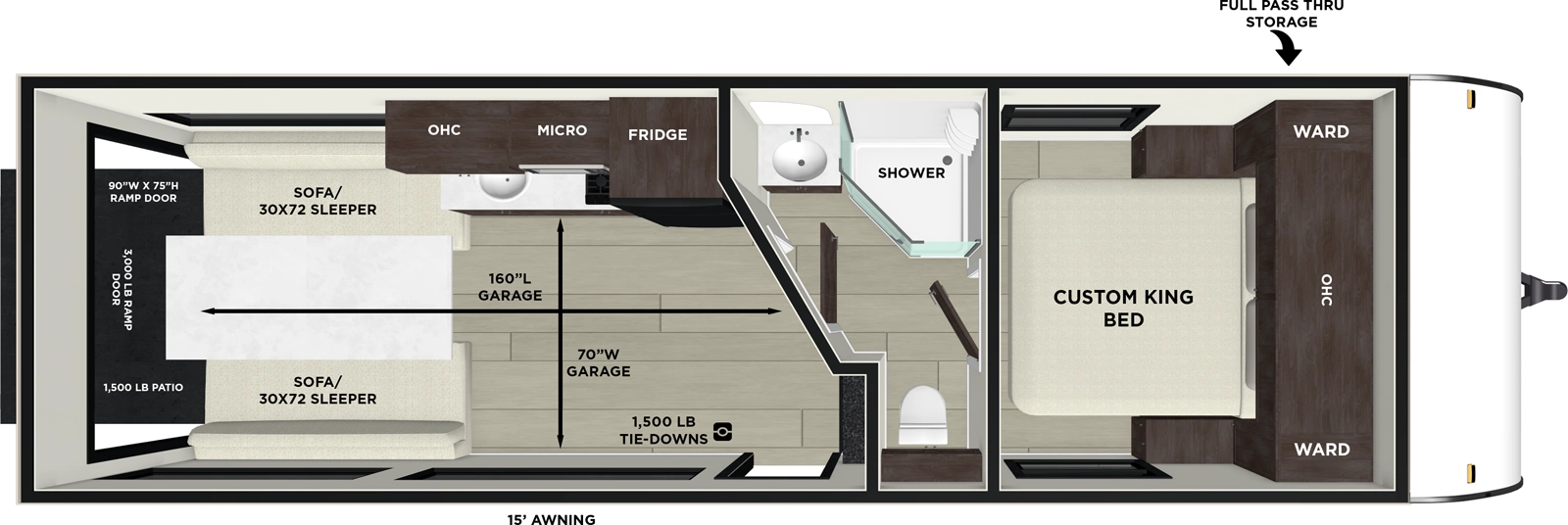 The Salem FSX 260RTK floorplan is a toy hauler that has one entry and zero slide outs. Exterior features include: fiberglass exterior and 15' awning. Interiors features include: front bedroom and pass through bathroom.